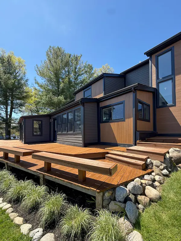 new stained deck of a modern house