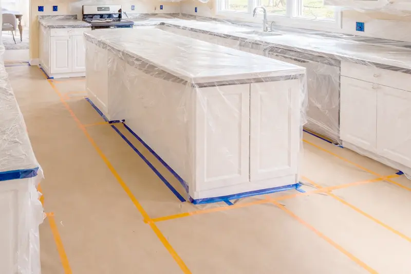kitchen prepped for painting with paper floor coverings and plastic sheets on counters